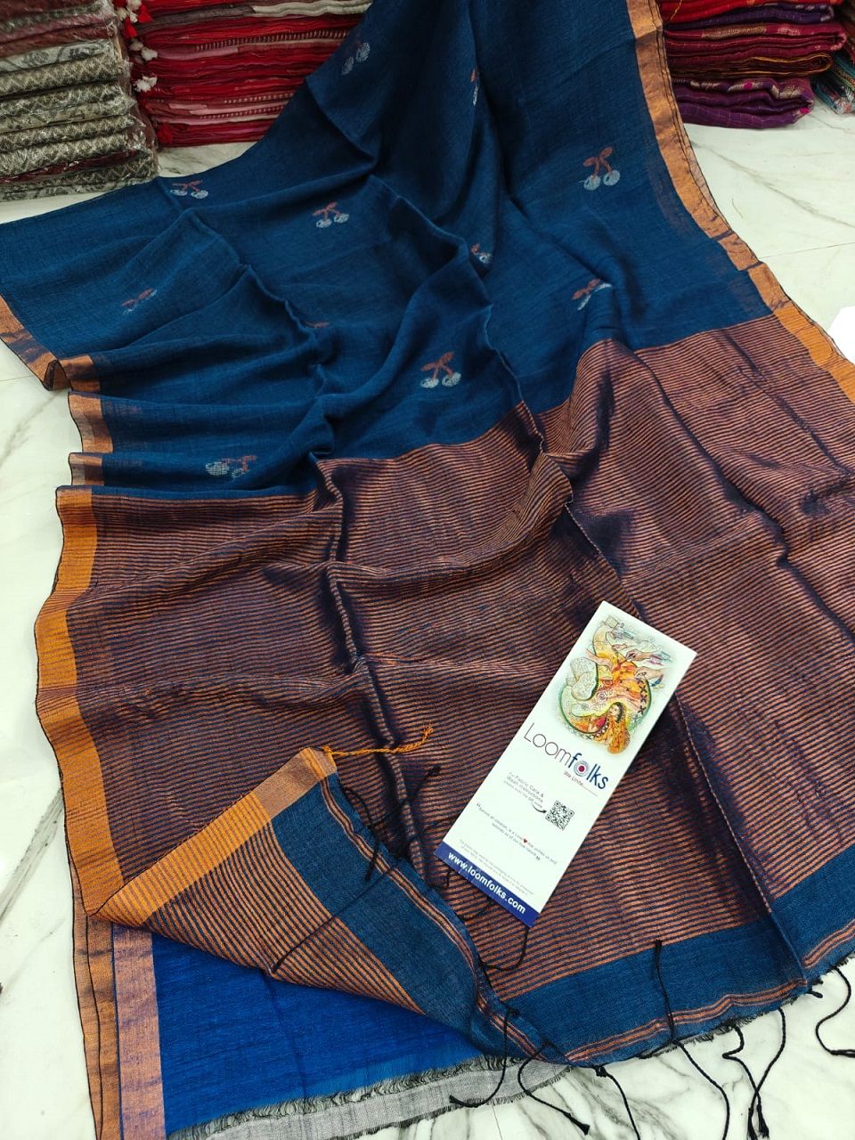 Deep Blue Handwoven Linen Saree With Cherry Motif