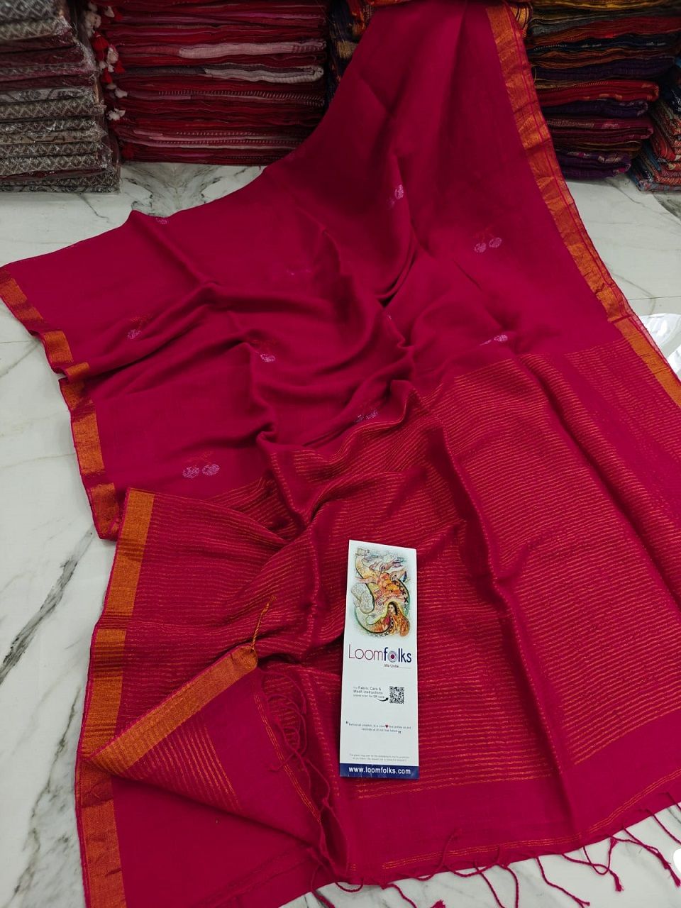 Deep Pink Handwoven Linen Saree With Cherry Motif