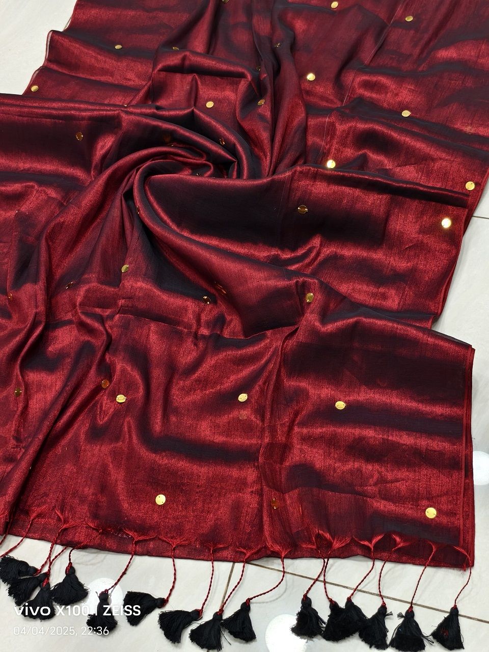 Deep Red Tissue Cotton Sequins Embeded Saree With Running Blouse