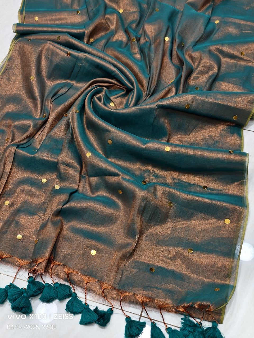 Dual Copper Teal Tissue Cotton Sequins Embeded Saree With Running Blouse