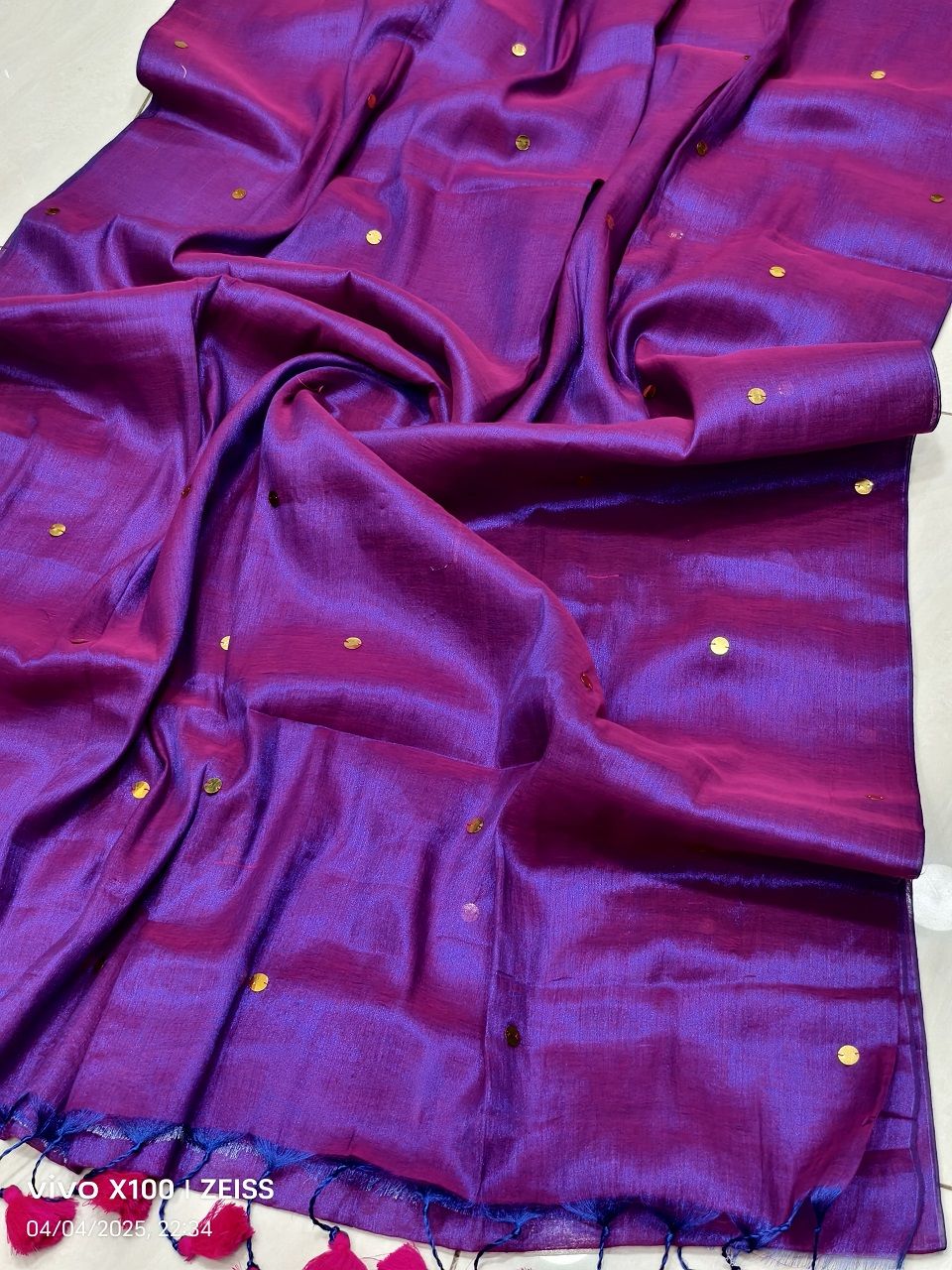 Dual Purple Tone Tissue Cotton Sequins Embeded Saree With Running Blouse
