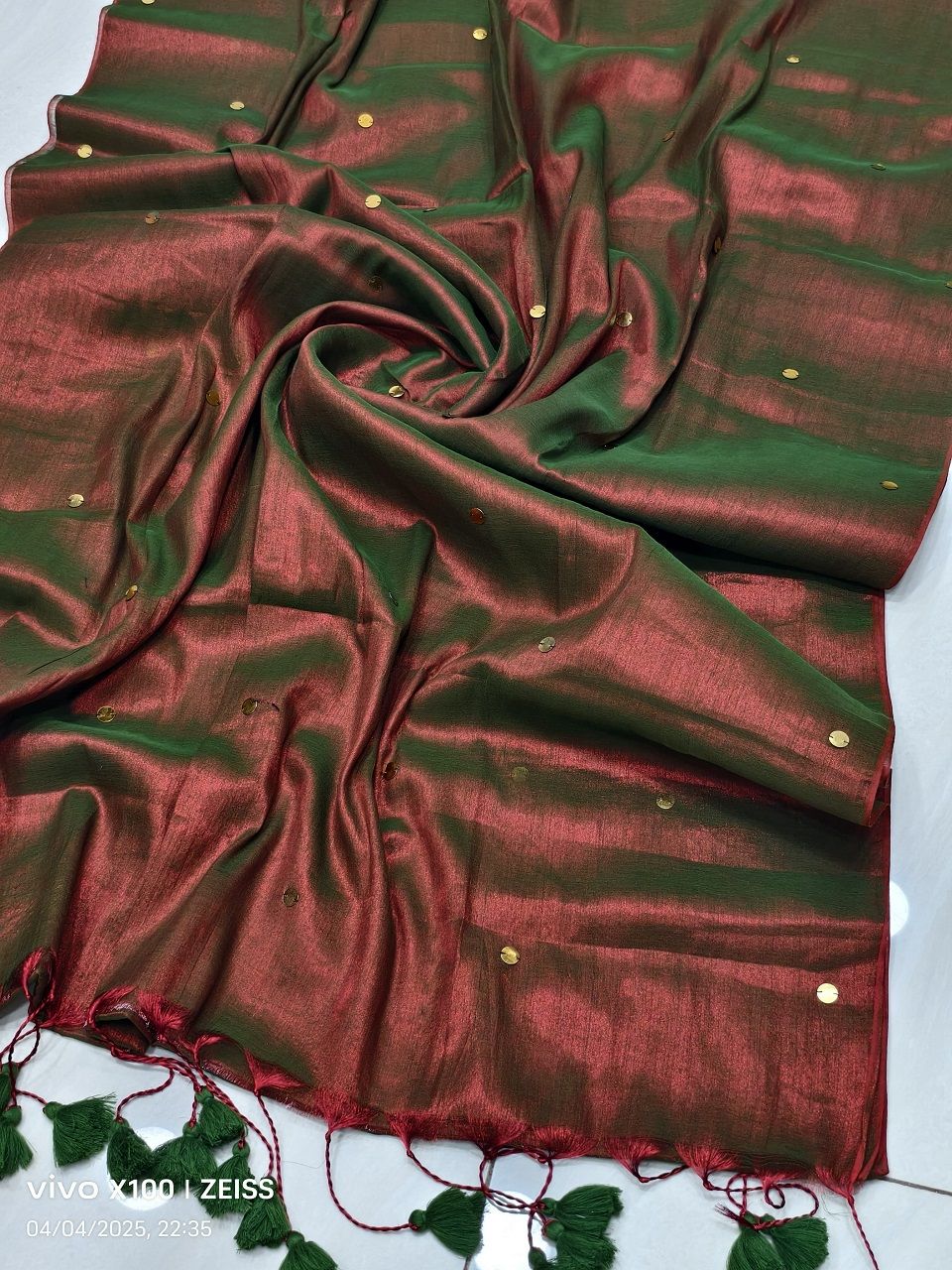 Dual Red Green Tissue Cotton Sequins Embeded Saree With Running Blouse