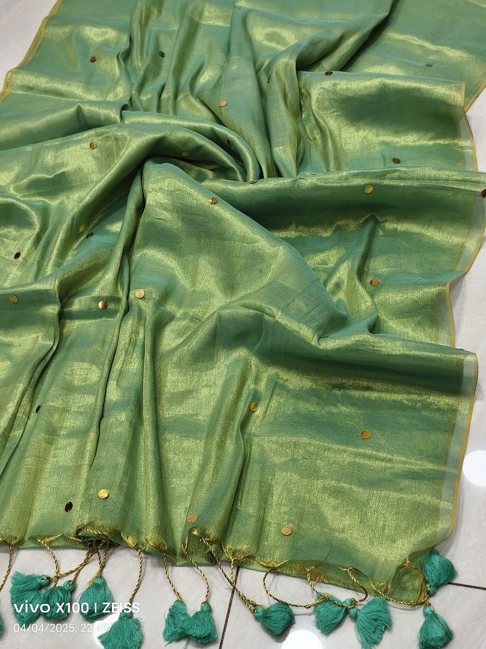 Golden Green Tissue Cotton Sequins Embeded Saree With Running Blouse