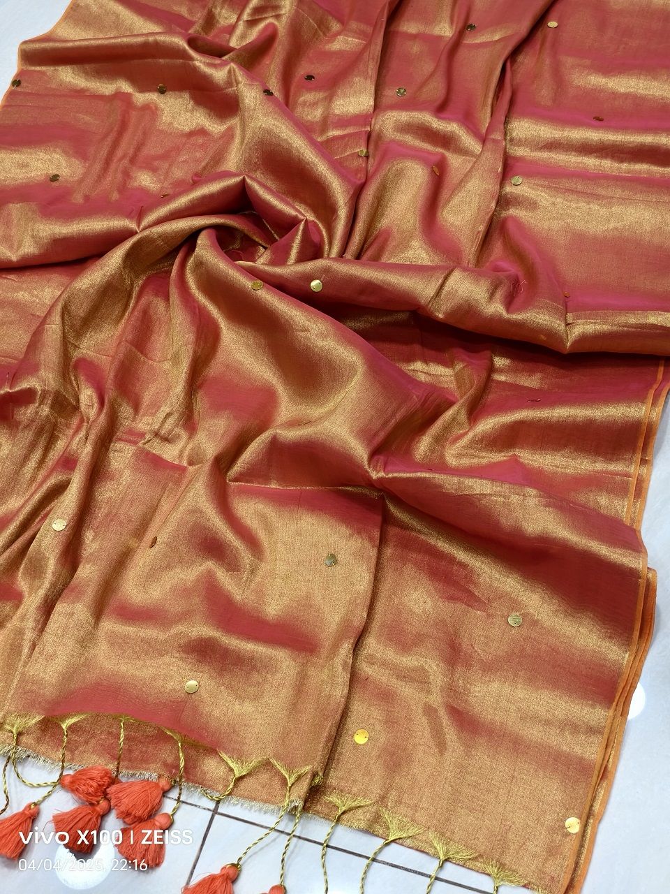 Golden Peach Tissue Cotton Sequins Embeded Saree With Running Blouse