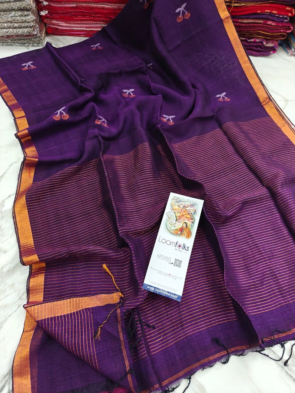 Jamun Purple Handwoven Linen Saree With Cherry Motif