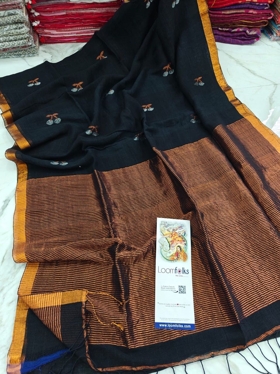 Jet Black Handwoven Linen Saree With Cherry Motif
