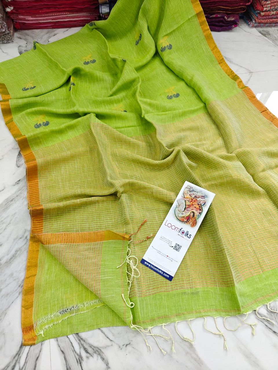 Lemon Green Handwoven Linen Saree With Cherry Motif