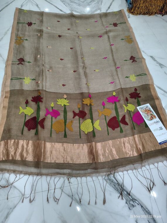 Light Grey Fish Motif Handwoven Premium Linen Saree
