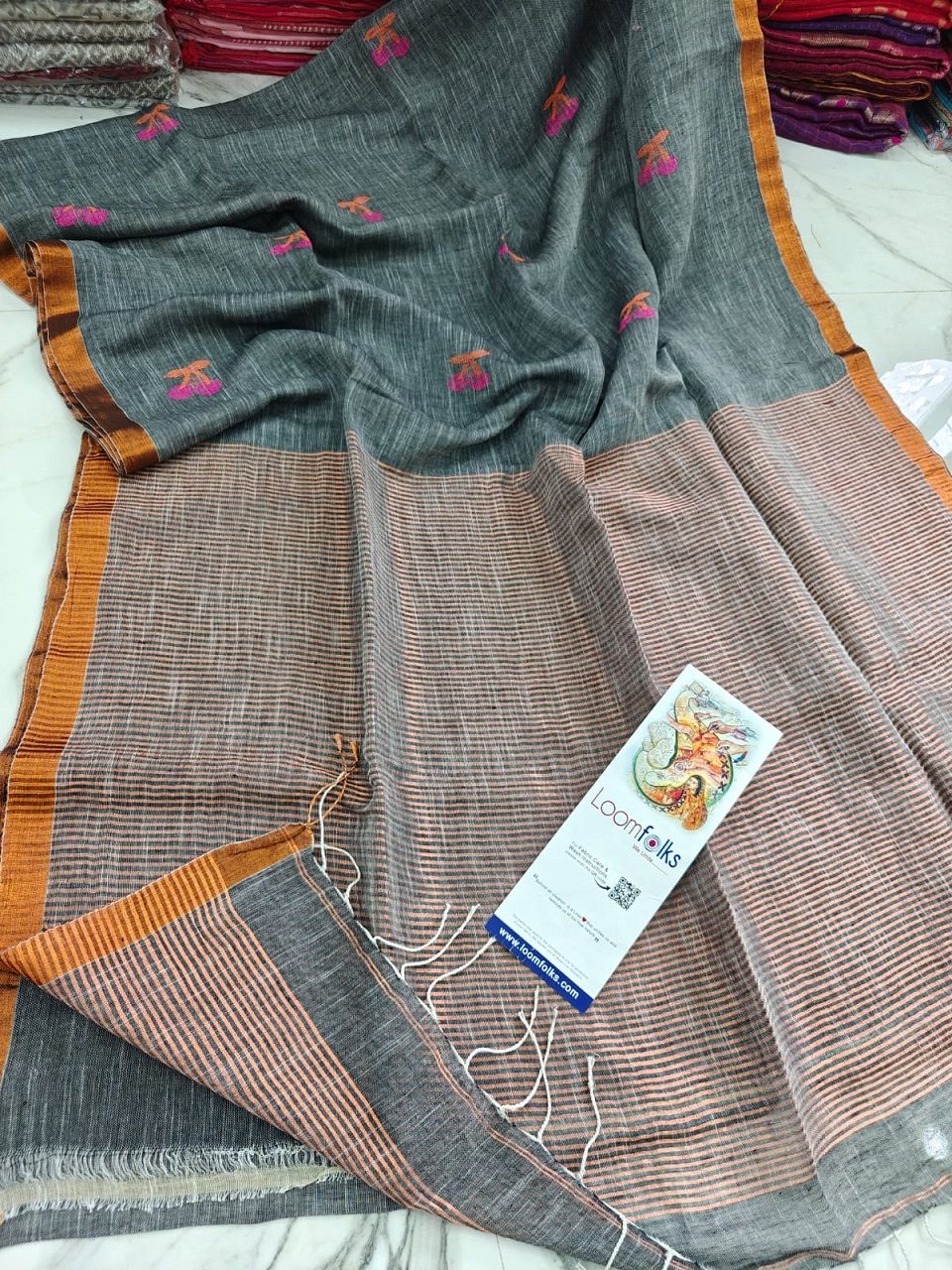 Lovely Grey Handwoven Linen Saree With Cherry Motif