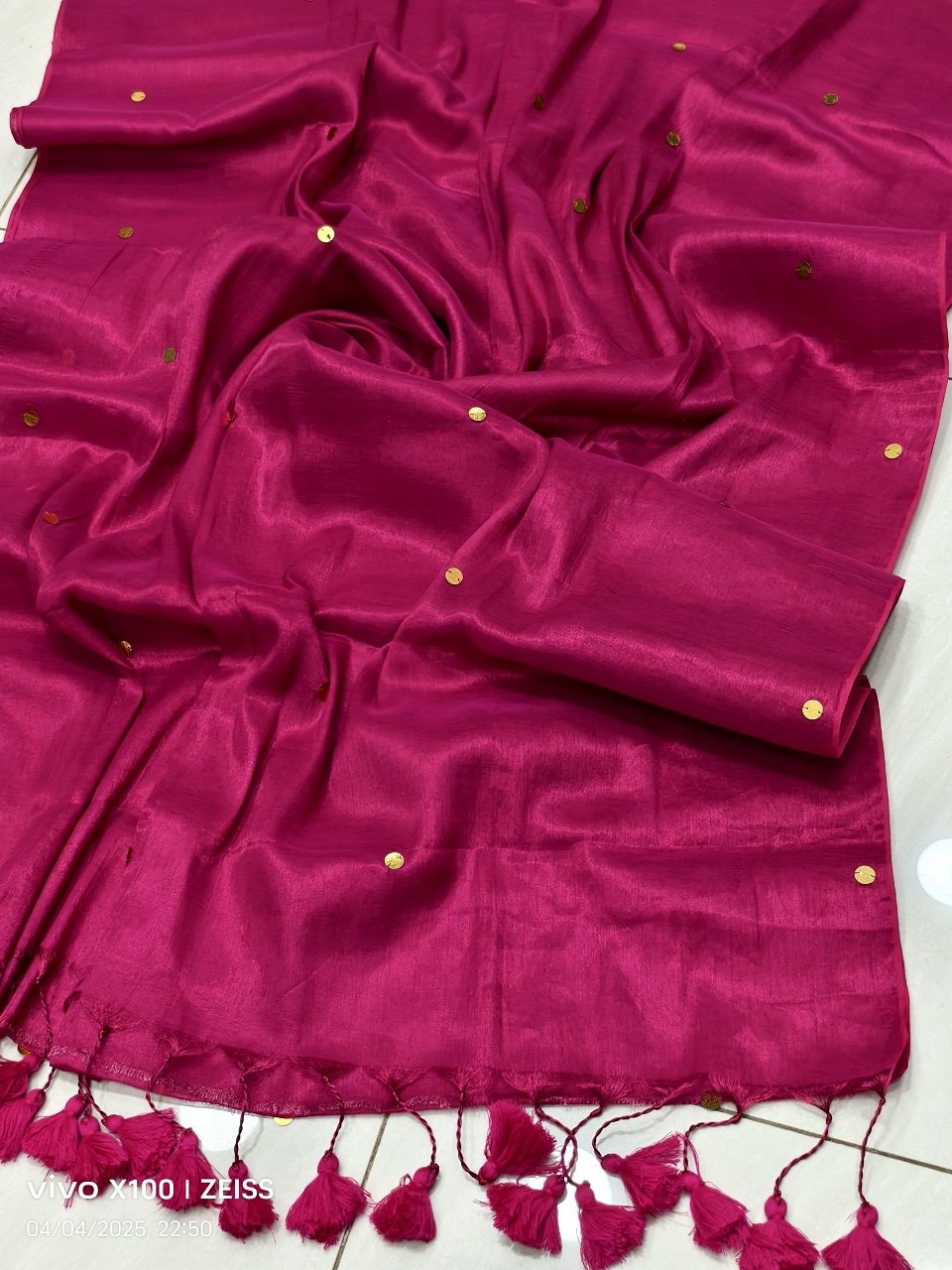 Lovely Pink Tissue Cotton Sequins Embeded Saree With Running Blouse