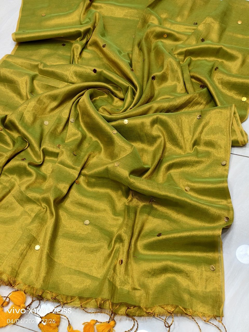Mehendi Green Tissue Cotton Sequins Embeded Saree With Running Blouse
