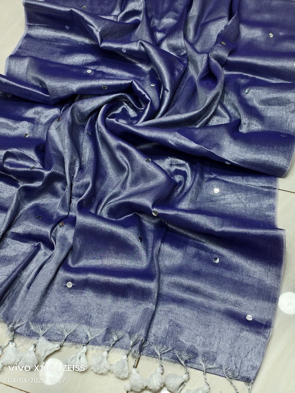 Metallic Blue Tissue Cotton Sequins Embeded Saree With Running Blouse
