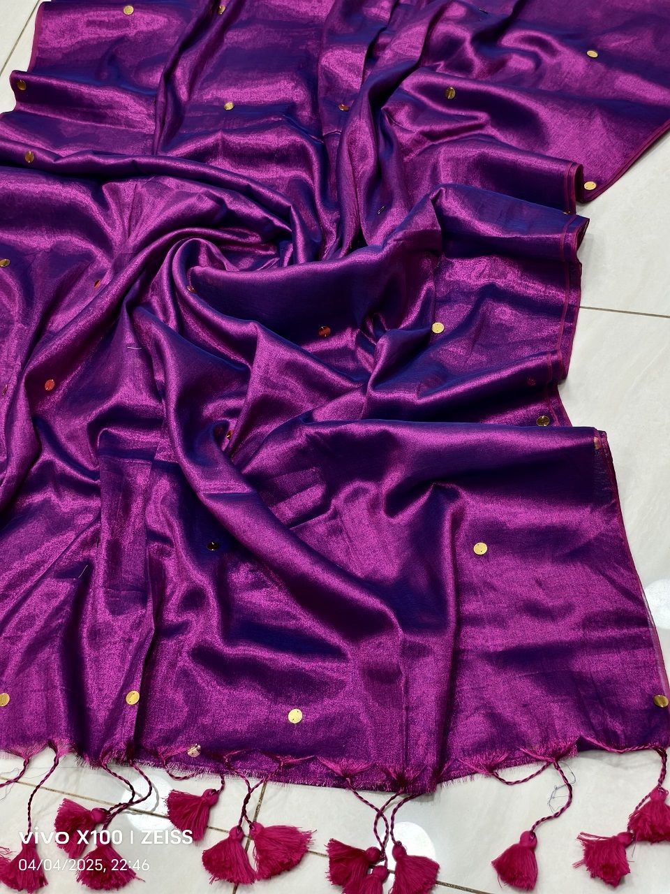 Metallic Purple Tissue Cotton Sequins Embeded Saree With Running Blouse