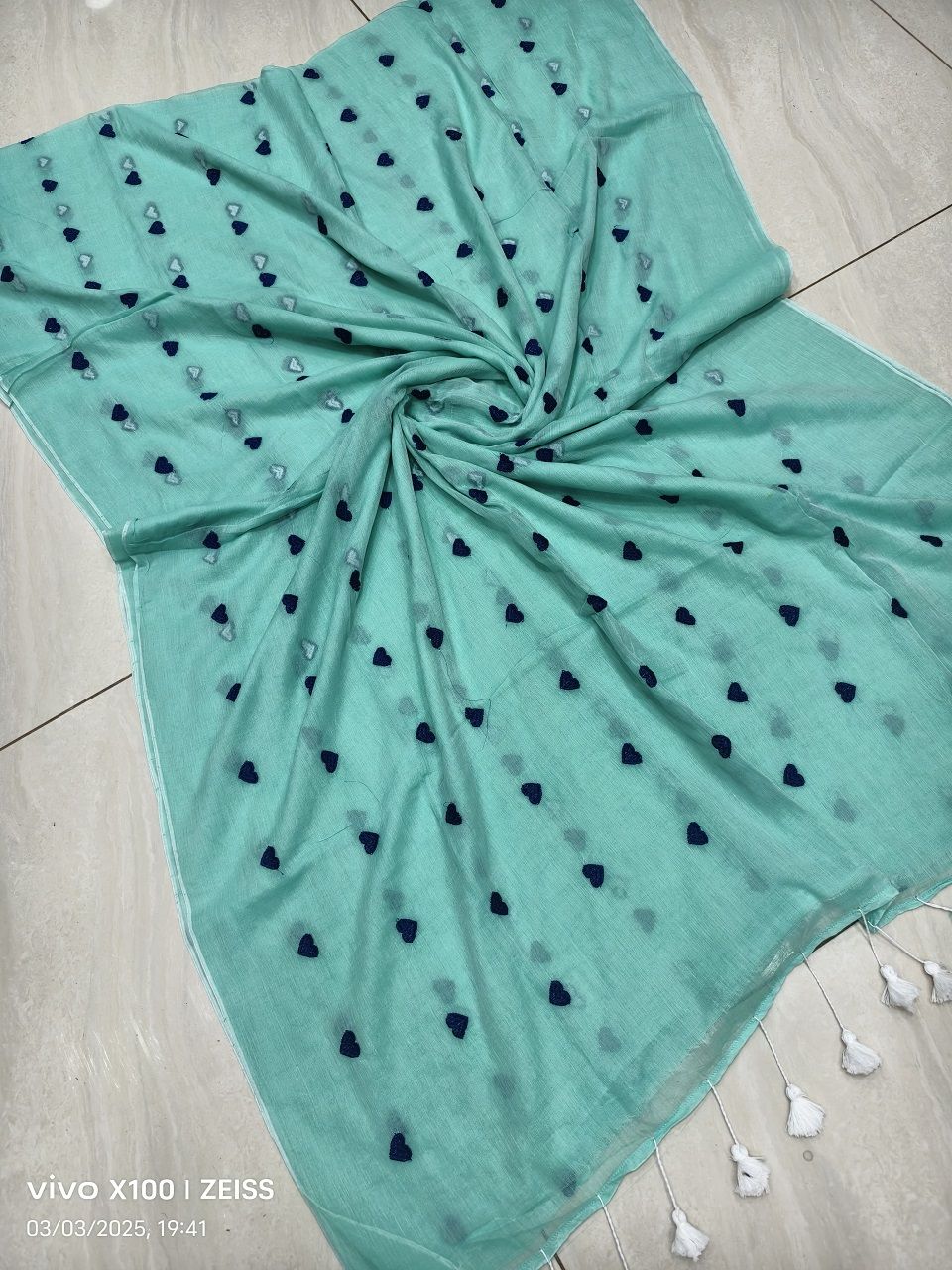 Mint Green Mul Cotton Heart Love Embroidery Saree Without Blouse