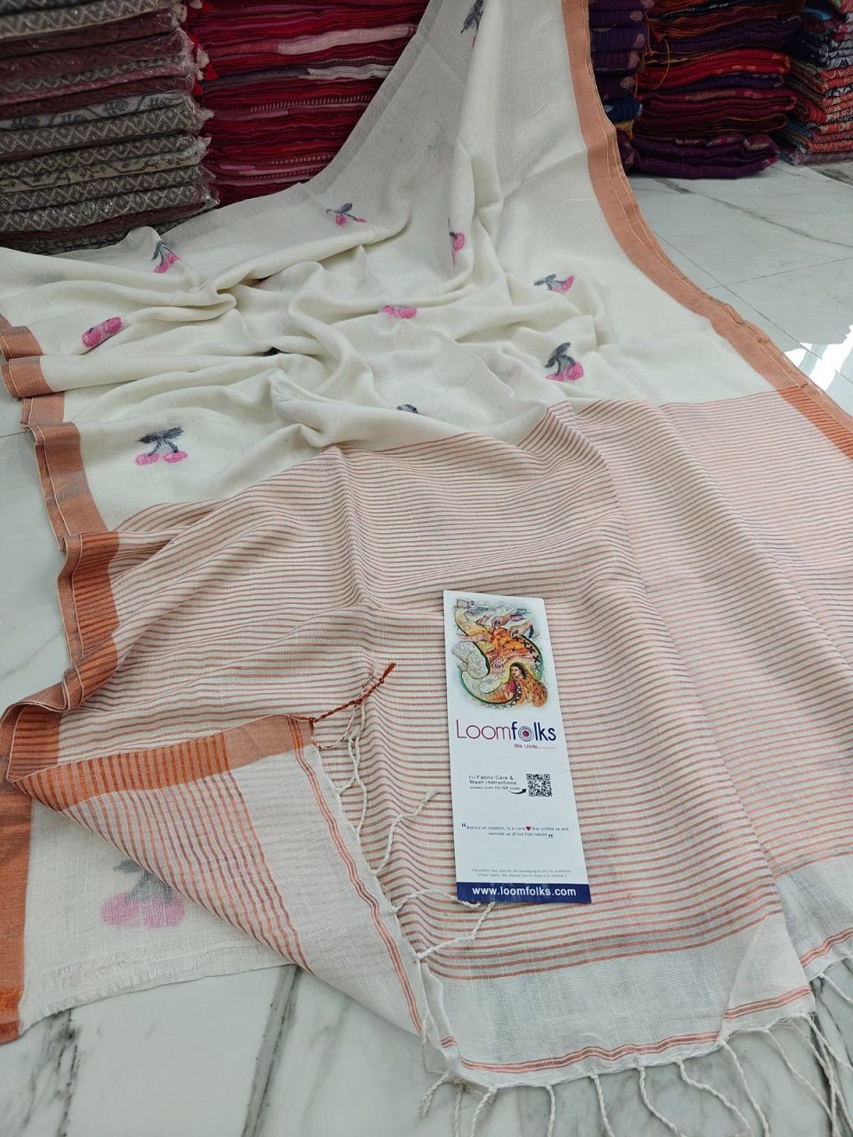 Off White Handwoven Linen Saree With Cherry Motif