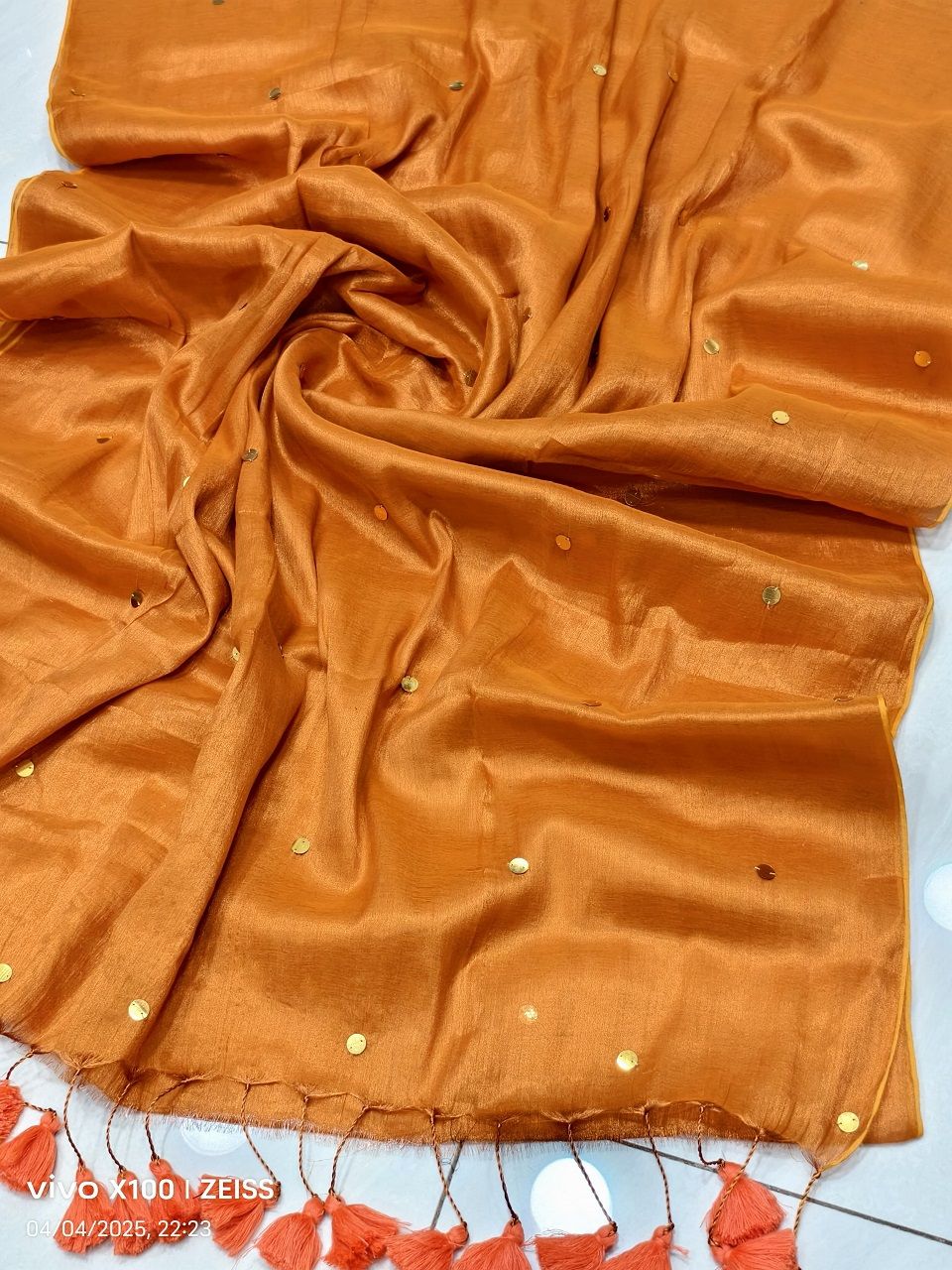Orange Tissue Cotton Sequins Embeded Saree With Running Blouse