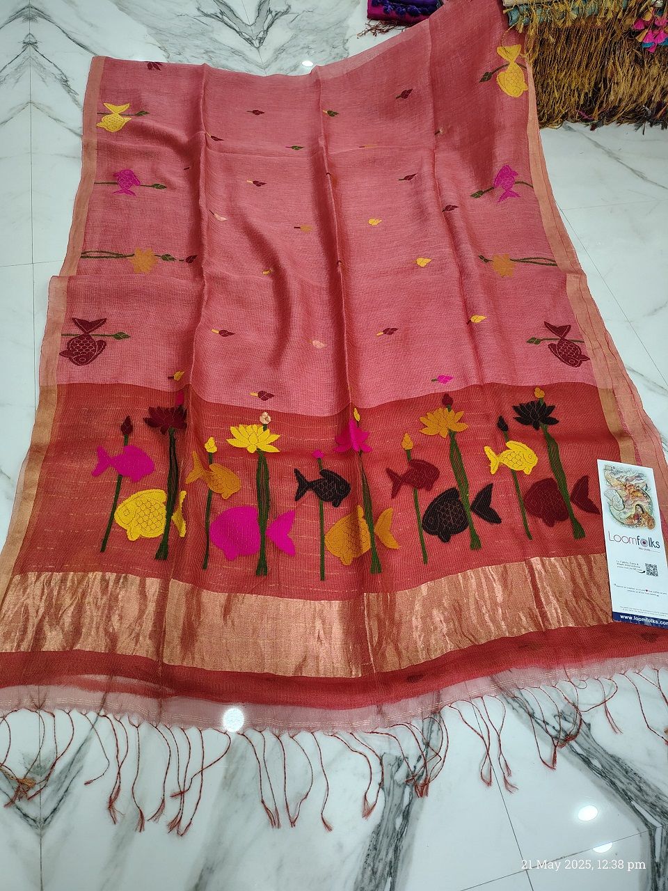 Peach Pink Fish Motif Handwoven Premium Linen Saree