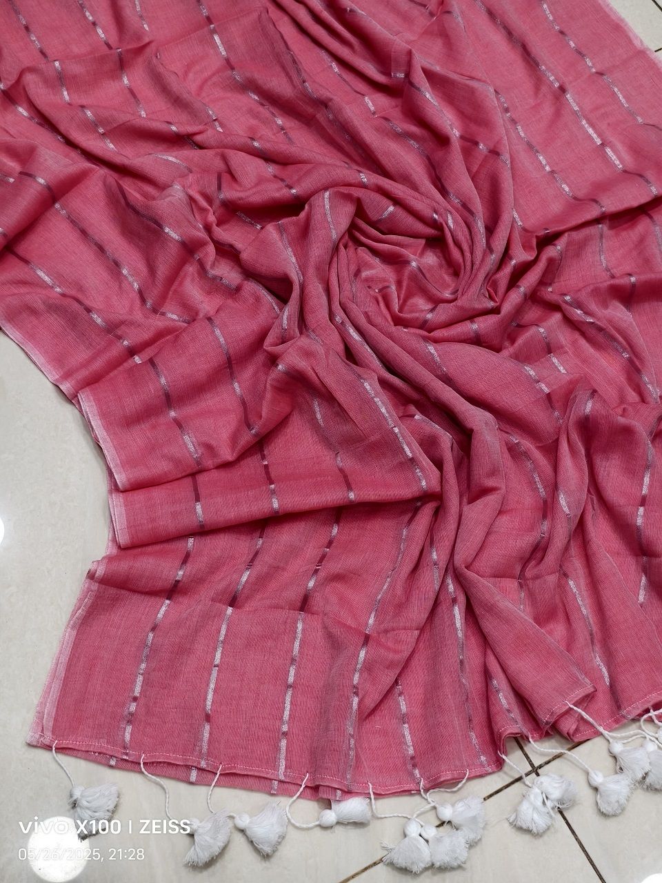 Peach Pink Mul Cotton Zari Stripe Sari Without Blouse Piece