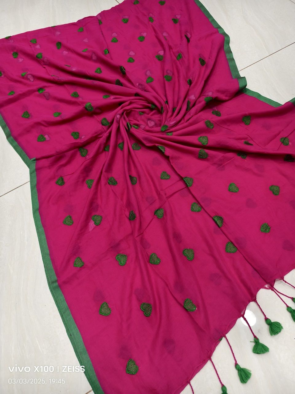 Pink Green Mul Cotton Heart Love Embroidery Saree Without Blouse