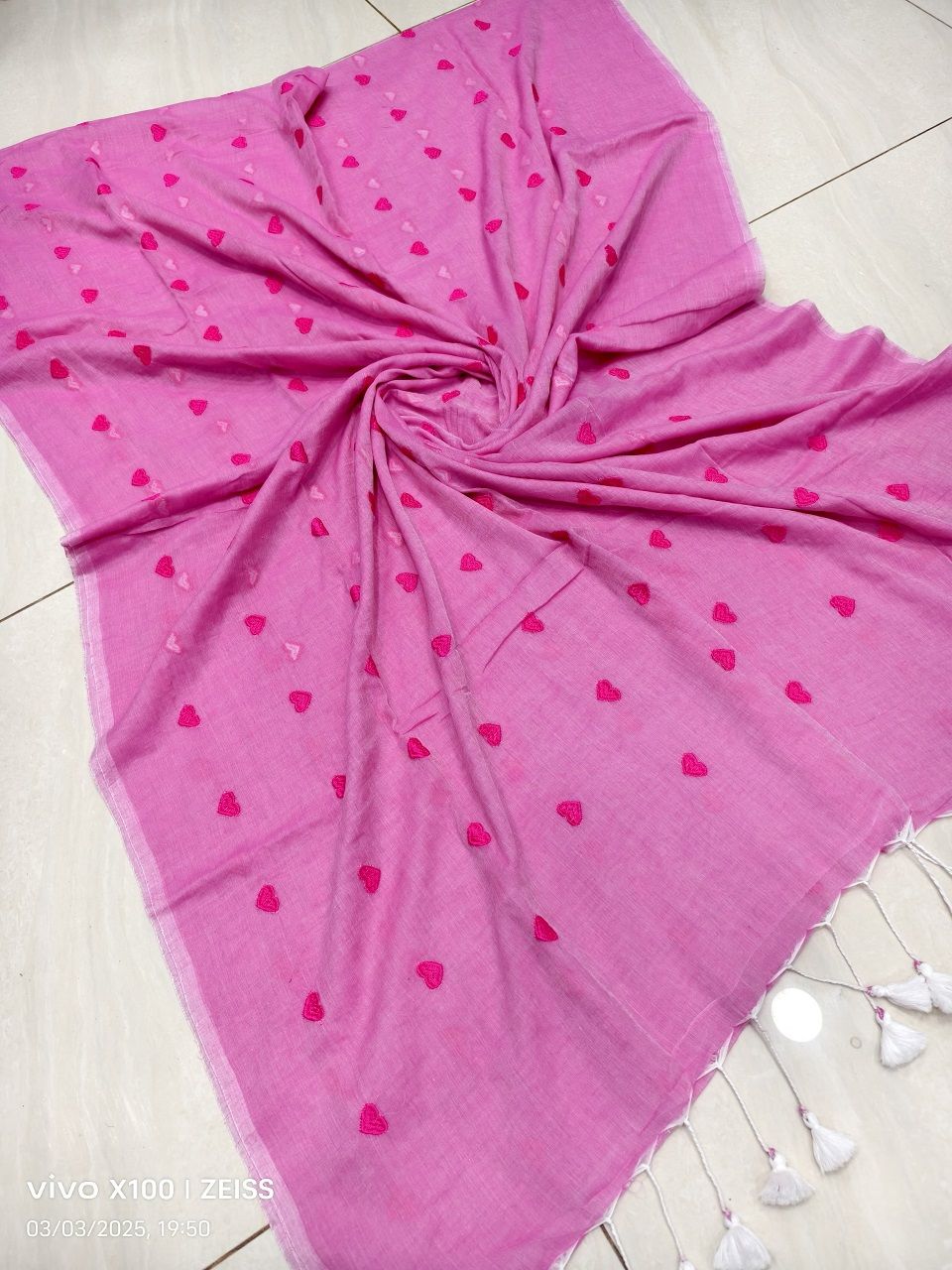 Pink Mul Cotton Heart Love Embroidery Saree Without Blouse