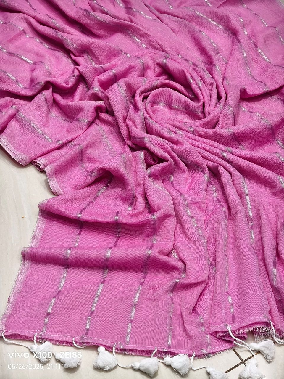 Pretty Pink Mul Cotton Zari Stripe Sari Without Blouse Piece