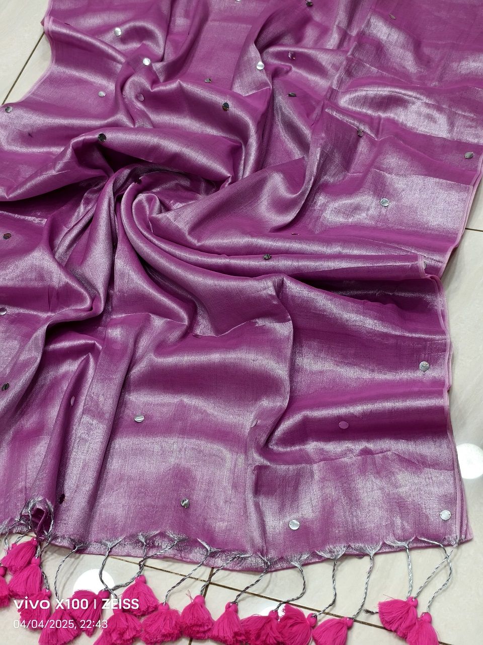 Purple Pink Cotton Sequins Embeded Saree With Running Blouse