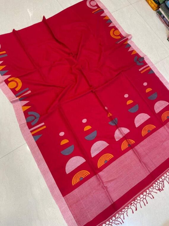 Red Exclusive Pure Cotton Handwoven Saree With Blouse Piece1