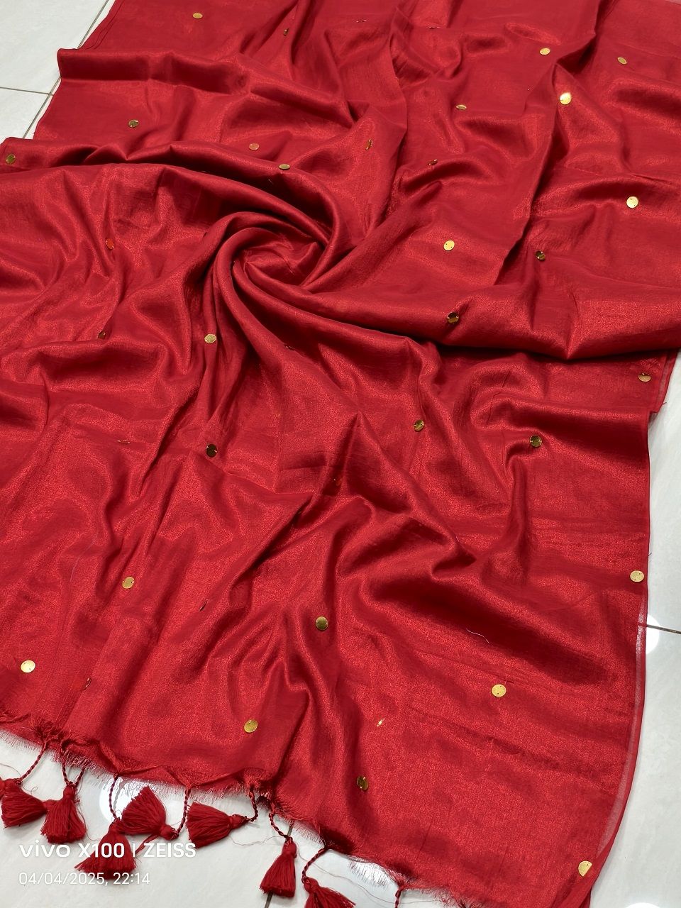 Red Tissue Cotton Sequins Embeded Saree With Running Blouse