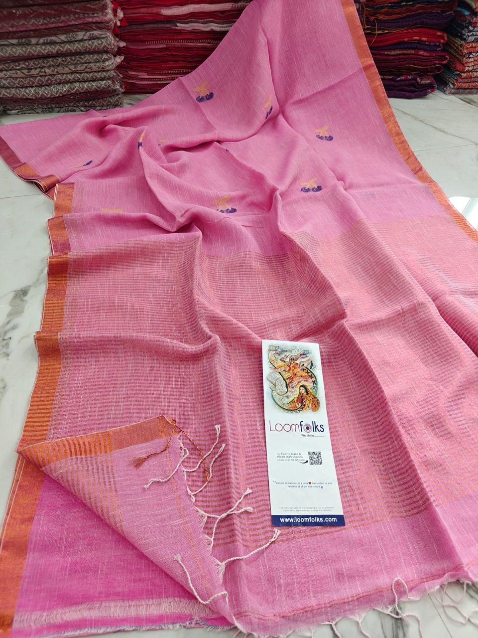 Rose Pink Handwoven Linen Saree With Cherry Motif
