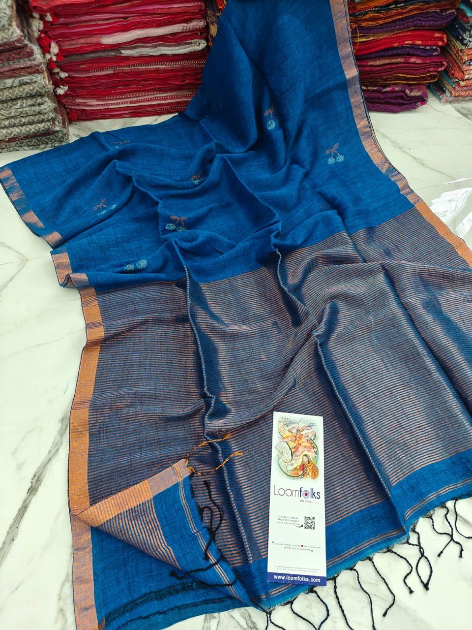Royal Blue Handwoven Linen Saree With Cherry Motif