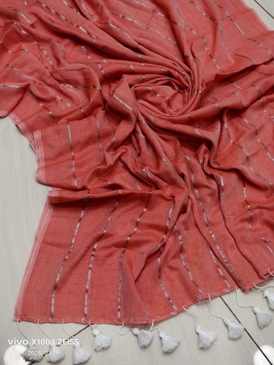 Rust Orange Mul Cotton Zari Stripe Sari Without Blouse Piece