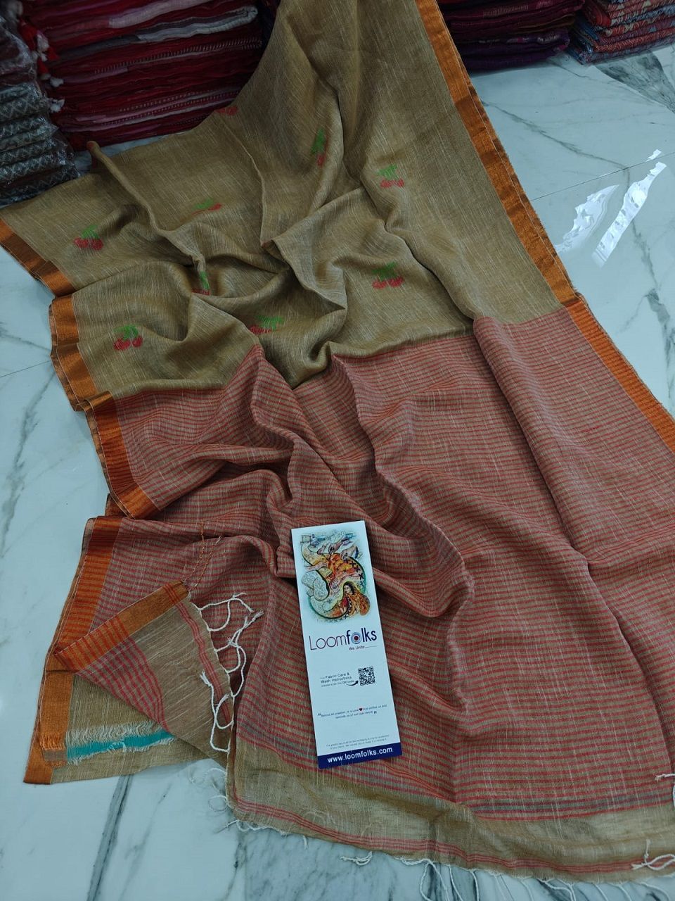 Sage Green Handwoven Linen Saree With Cherry Motif