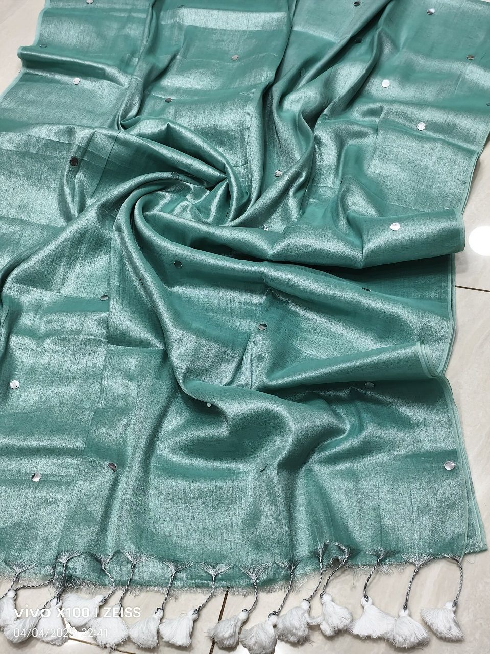 Sea Green Tissue Cotton Sequins Embeded Saree With Running Blouse