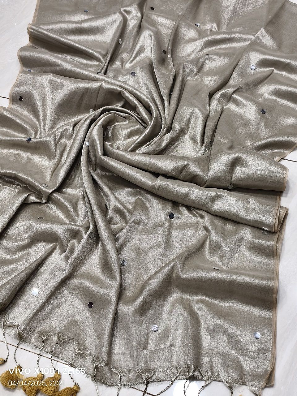 Silver Beige Tissue Cotton Sequins Embeded Saree With Running Blouse