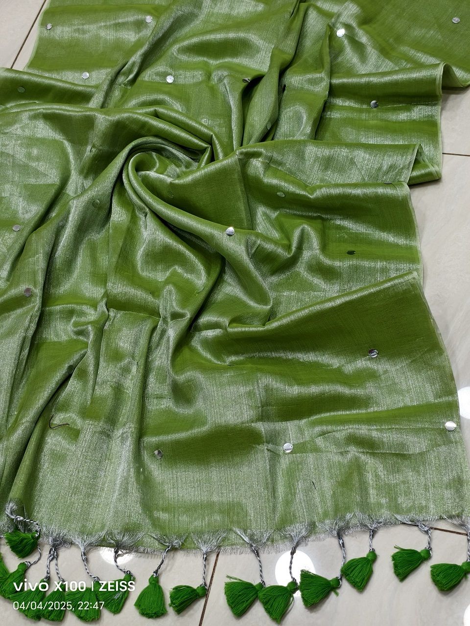 Silver Green Tissue Cotton Sequins Embeded Saree With Running Blouse