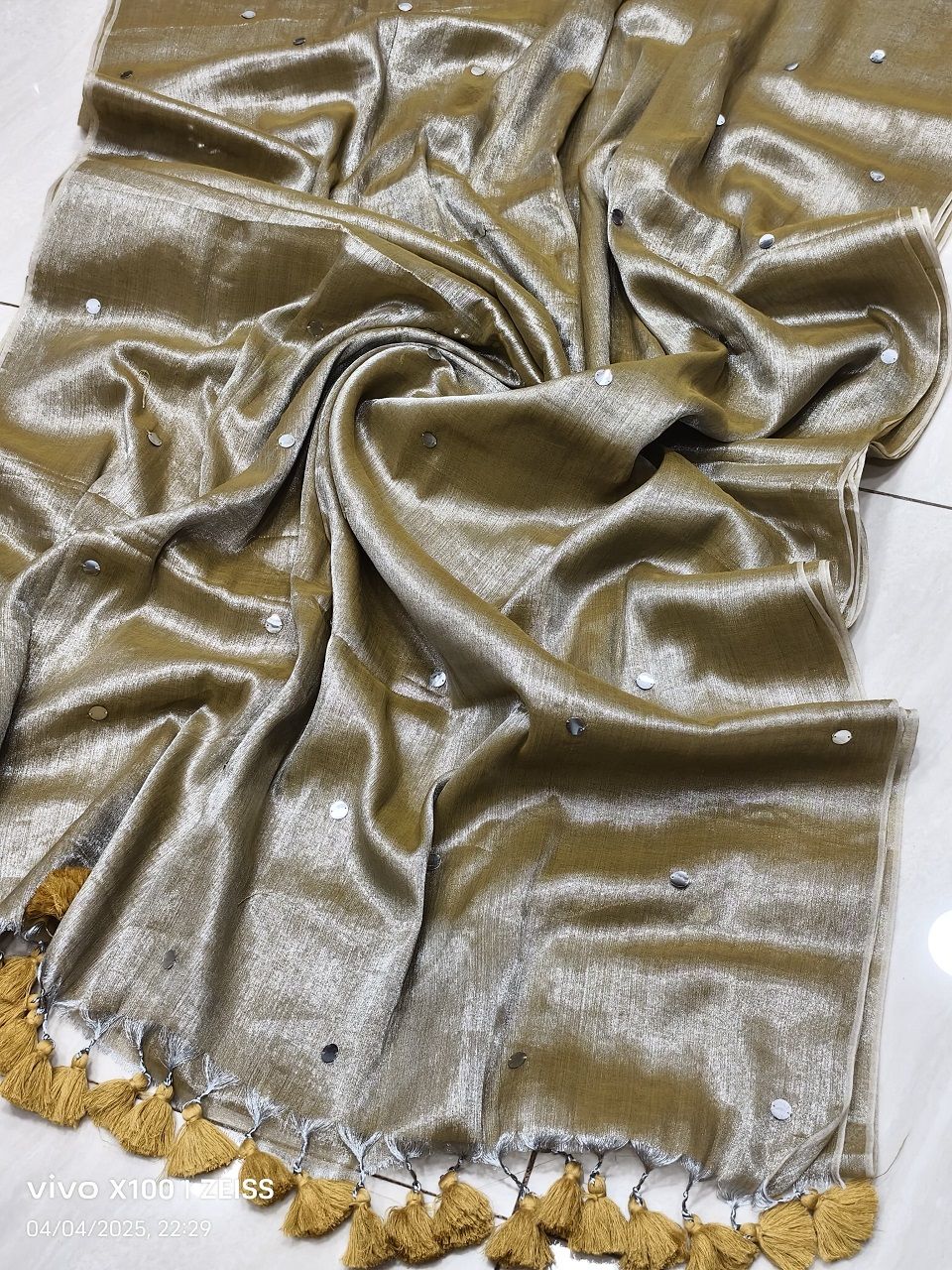 Silver Mustard Tissue Cotton Sequins Embeded Saree With Running Blouse