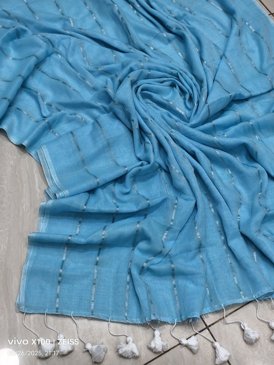 Sky Blue Mul Cotton Zari Stripe Sari Without Blouse Piece