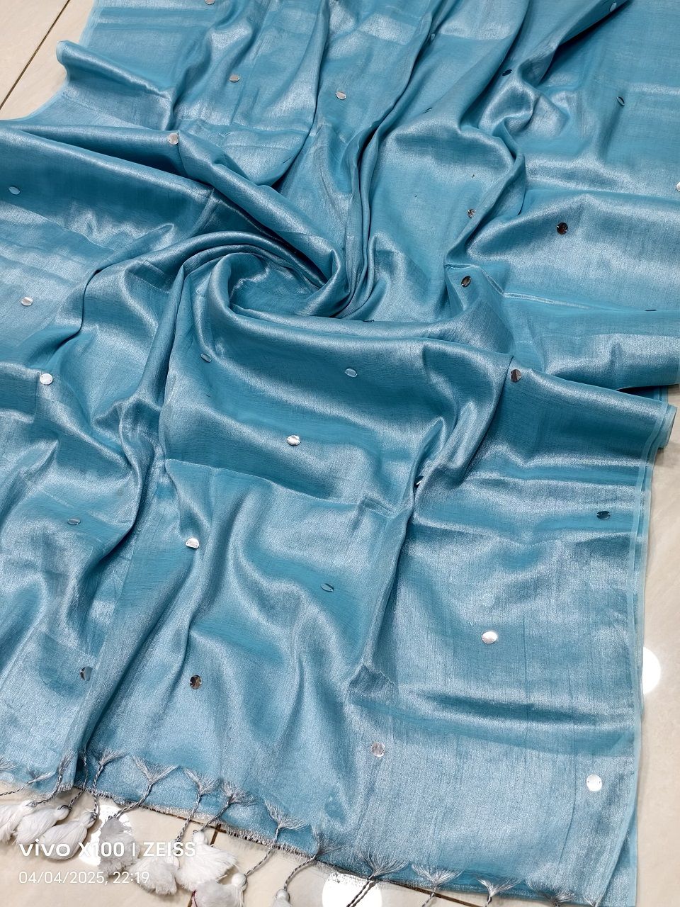 Sky Blue Tissue Cotton Sequins Embeded Saree With Running Blouse