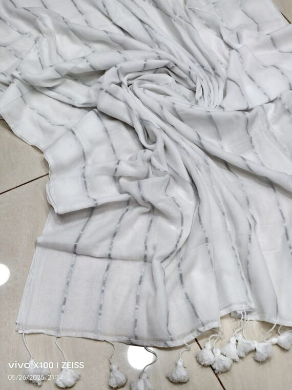 Snow White Mul Cotton Zari Stripe Sari Without Blouse Piece