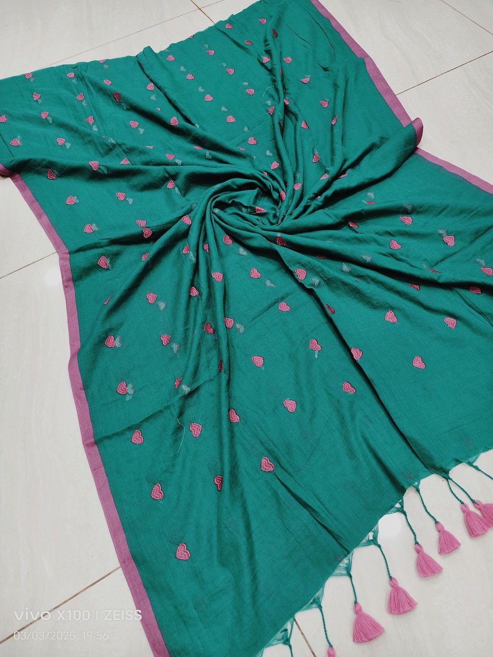 Teal Green Mul Cotton Heart Love Embroidery Saree Without Blouse