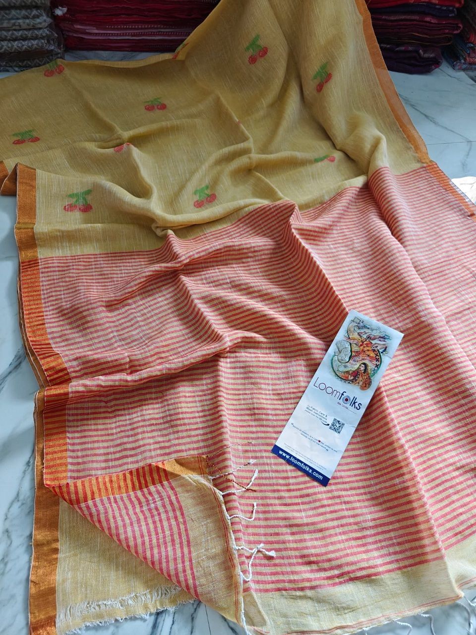 Tender Yellow Handwoven Linen Saree With Cherry Motif