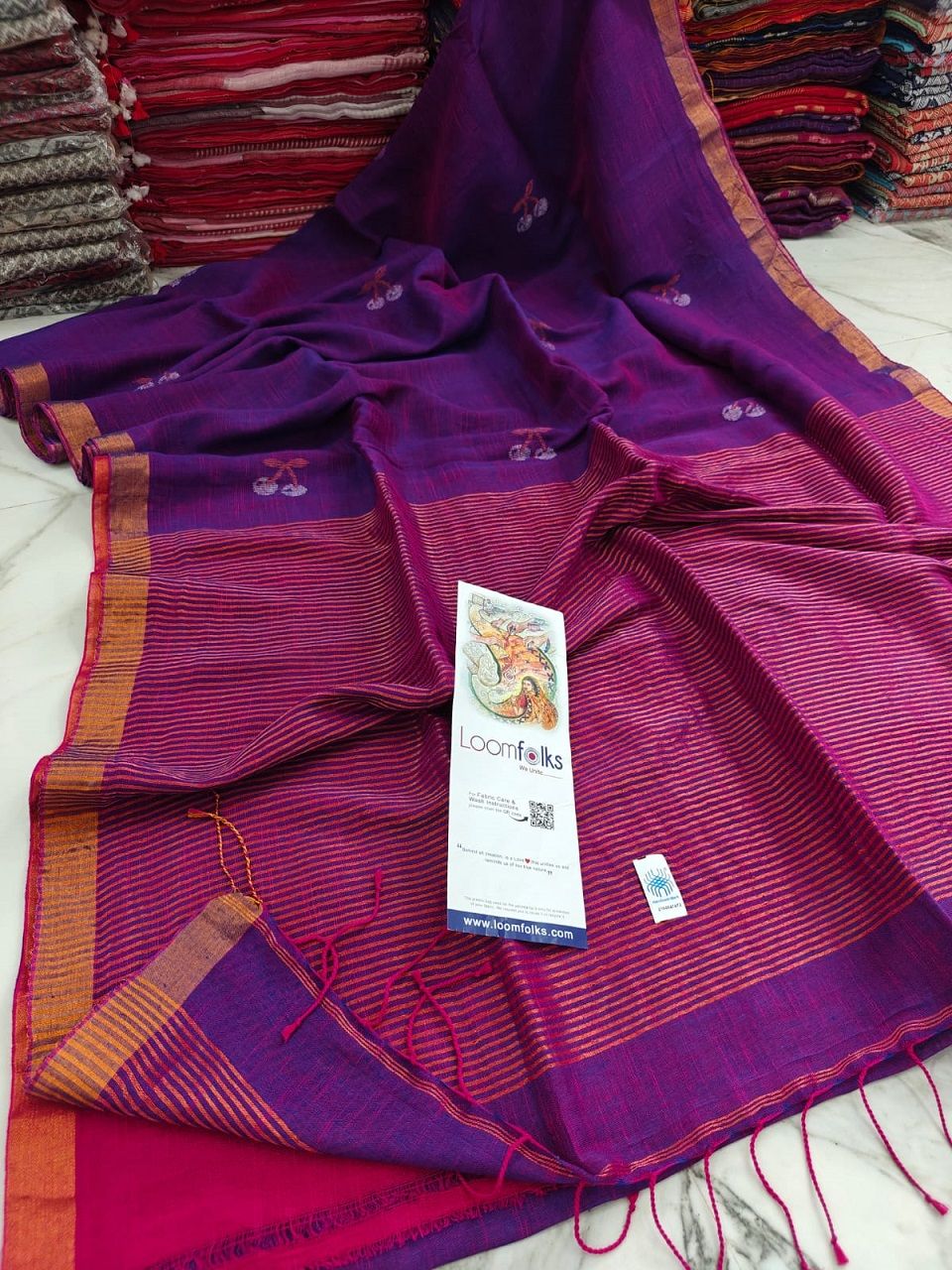 Violet Red Handwoven Linen Saree With Cherry Motif