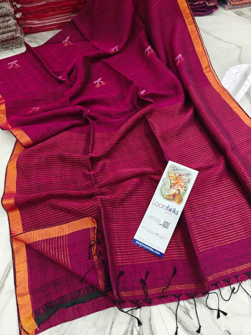 Wine Pink Handwoven Linen Saree With Cherry Motif