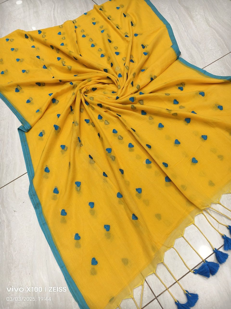 Yellow Blue Mul Cotton Heart Love Embroidery Saree Without Blouse
