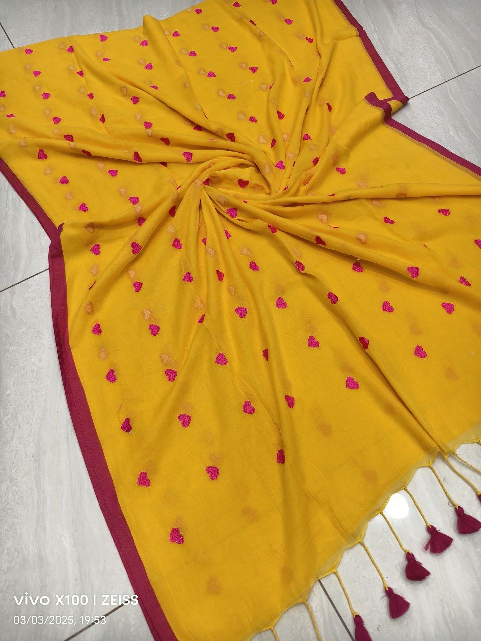 Yellow Pink Mul Cotton Heart Love Embroidery Saree Without Blouse