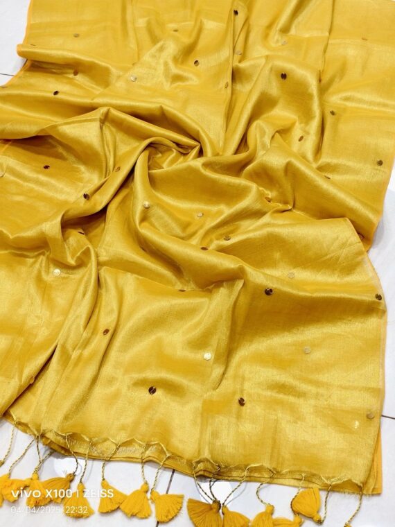 Yellow Tissue Cotton Sequins Embeded Saree With Running Blouse