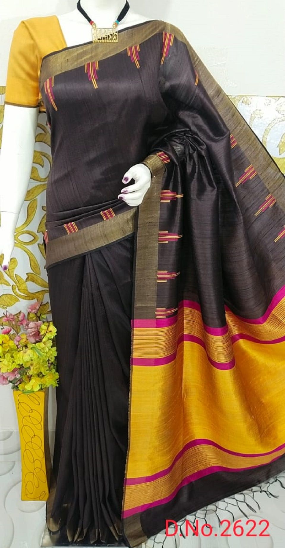 Alluring Dark Brown Yellow Handwoven Pure Tussar Dupion Raw Silk Saree