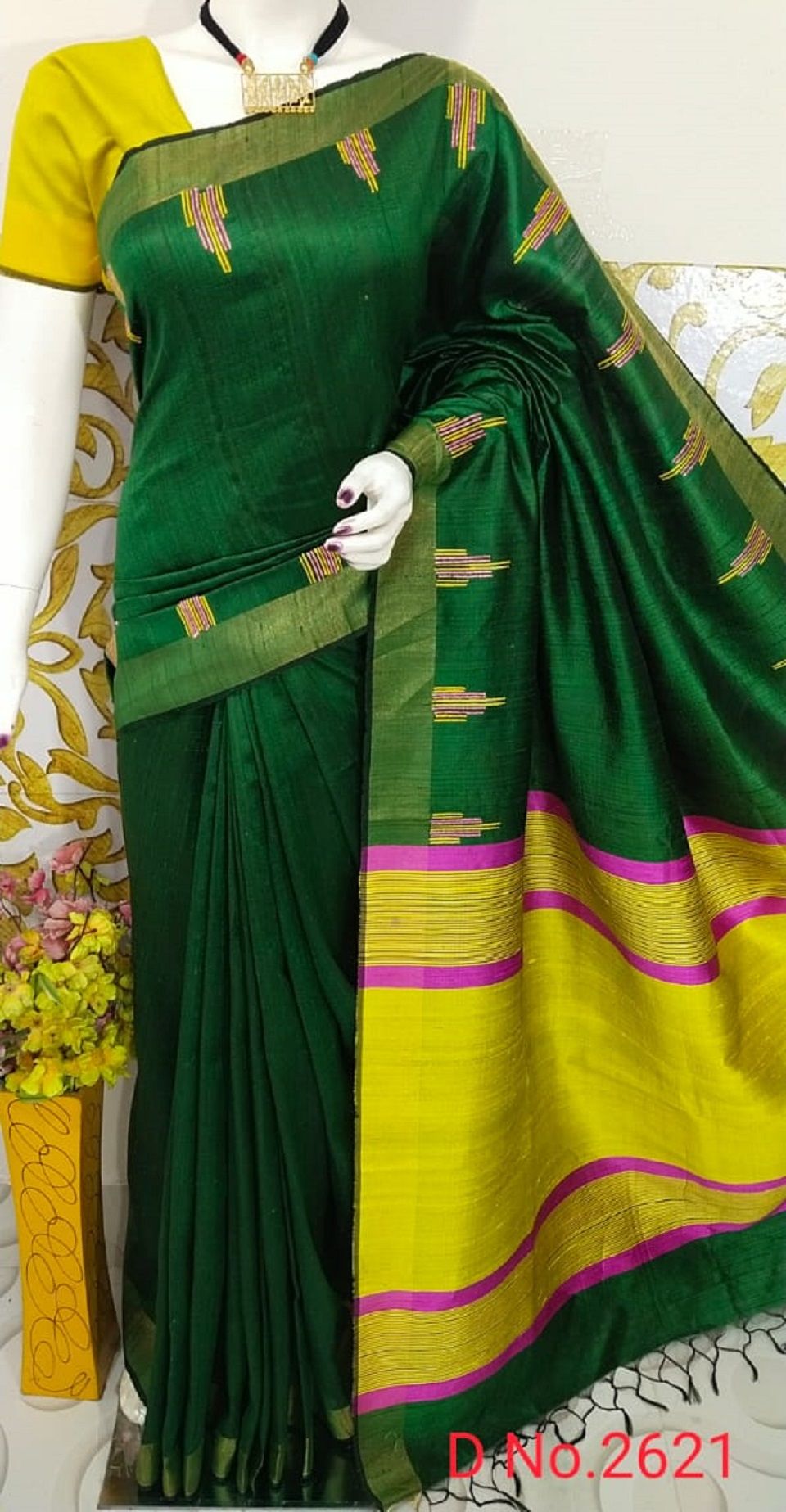 Attractive Bottle Green Handwoven Pure Tussar Dupion Raw Silk Saree