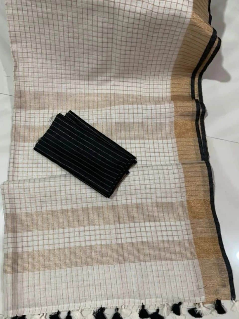 Awesome Golden Check Linen Saree With Black Selvedge Border