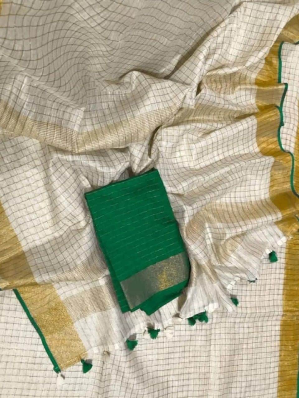 Beautiful Golden Check Linen Saree With Green Selvedge Border